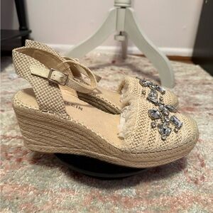 Anne Klein Beige Espadrille Wedges with Embellishments